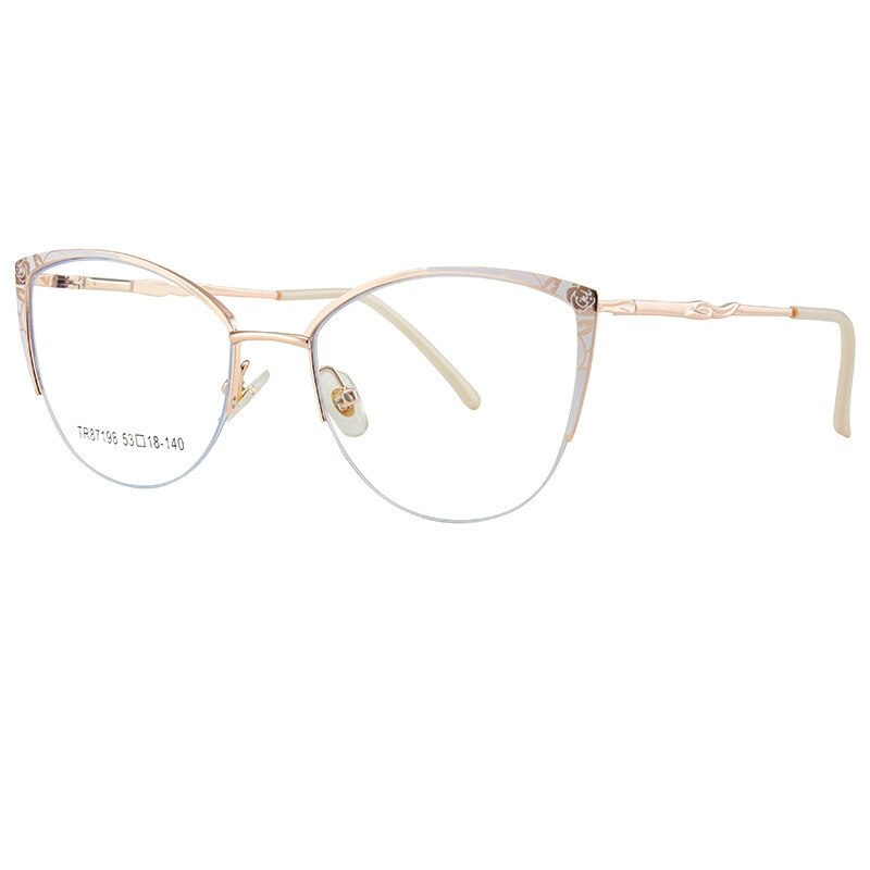 Yimaruili Women's Semi Rim Square Cat Eye Acetate Alloy Eyegllasses 87198 Semi Rim Yimaruili Eyeglasses White Gold C5