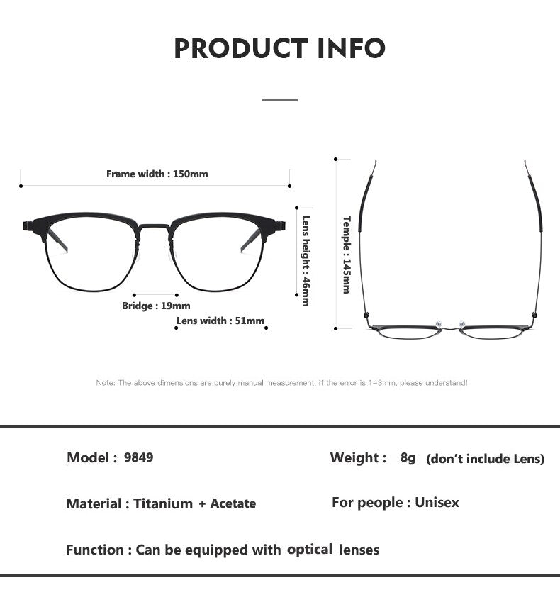 Oveliness Unisex Full Rim Square Acetate Titanium Eyeglasses 9849 Full Rim Oveliness