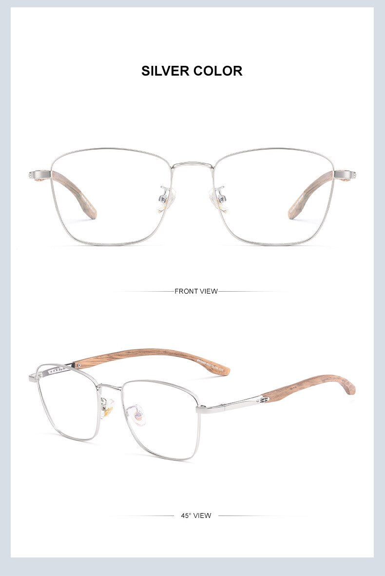 Chashma Unisex Full Rim Square Stainless Steel Frame Wood Temple Eyeglasses Full Rim Chashma