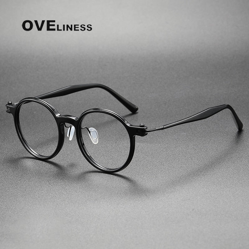 Oveliness Unisex Full Rim Round Acetate Titanium Eyeglasses 5886 Full Rim Oveliness black