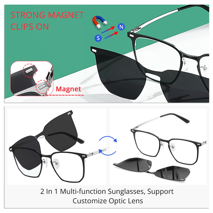 Ralferty Unisex Full Rim Square Alloy Acetate Eyeglasses With Clip On Polarized Sunglasses D8201 With Clip Ons Ralferty