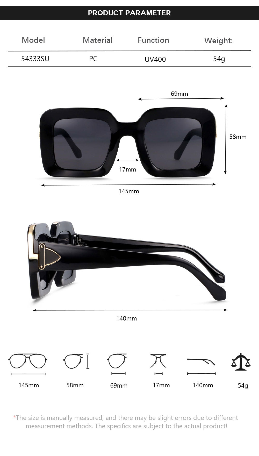 CCspace Unisex Full Rim Rectangle Resin Frame Sunglasses 54333 Sunglasses CCspace Sunglasses