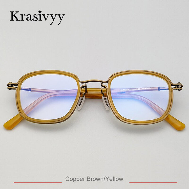 Krasivyy Men's Full Rim Square Titanium Acetate Eyeglasses Rlt5863 Full Rim Krasivyy Copper Brown Yellow CN