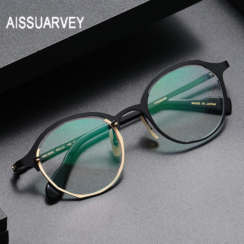 Aissuarvey Unisex Eyeglasses Titanium Ip Round Full Rim 15g Full Rim Aissuarvey Eyeglasses Black gold CN 