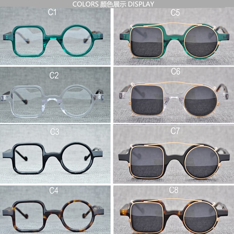 Yujo Unisex Full Rim Square Round Acetate Eyeglasses Clip On Sunglasses 002 With Clip Ons Yujo