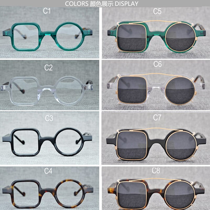 Yujo Unisex Full Rim Square Round Acetate Eyeglasses Clip On Sunglasses 002 With Clip Ons Yujo