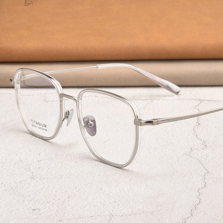 Yimaruili Unisex Full Rim Square Acetate Titanium Eyeglasses Bv7011b Full Rim Yimaruili Eyeglasses Transparent Silver