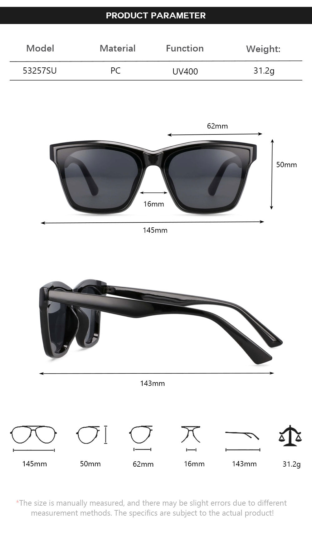 CCspace Women's Full Rim Square Acetate Frame Sunglasses 53257 Sunglasses CCspace Sunglasses