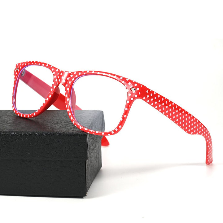 Cubojue Unisex Full Rim Square Red Polka Dot Tr 90 Hyperopic Reading Glasses Reading Glasses Cubojue