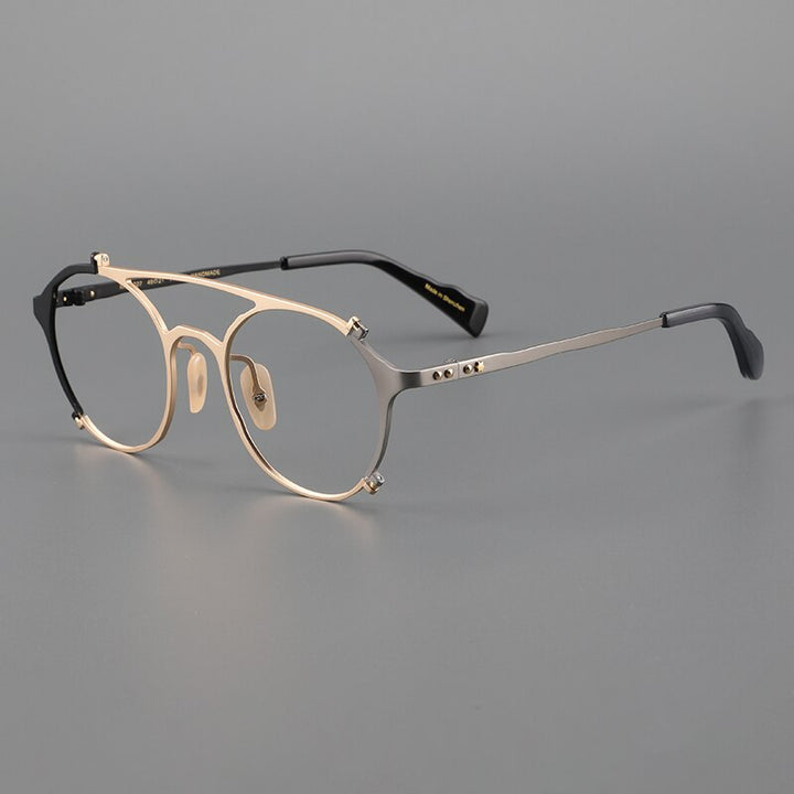 Muzz Unisex Full Rim Oval Double Bridge Titanium Eyeglasses 0027 Full Rim Muzz BLACK GOLD