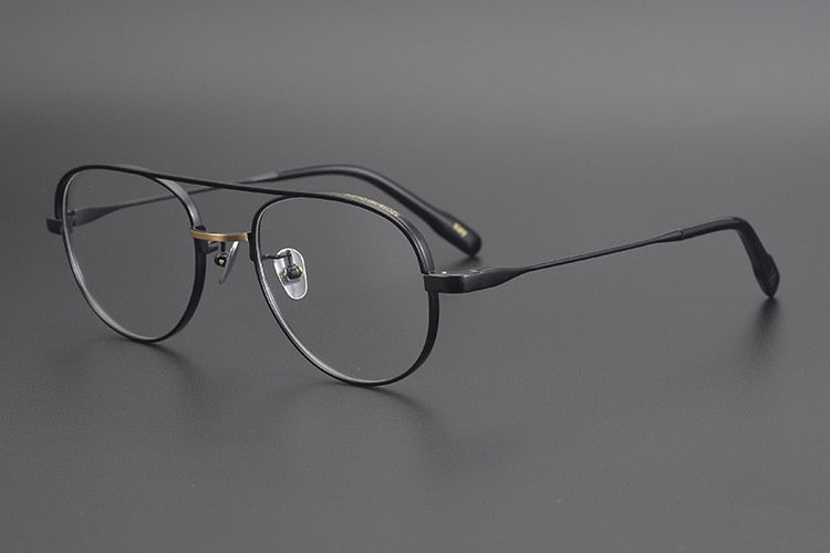Muzz Unisex Full Rim Oval Round Titanium Double Bridge Frame Eyeglasses 1217 Full Rim Muzz Black Gold