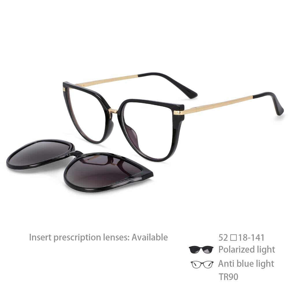 CCspace Unisex Full Rim Oversized Square Tr 90 Frame Eyeglasses Clip On Sunglasses 53791 With Clip Ons CCSpace China black
