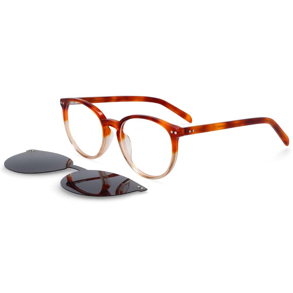 CCspace Unisex Full Rim Round Cat Eye Acetate Frame Eyeglasses Clip On Sunglasses 54331 With Clip Ons CCspace leopard-tea China white