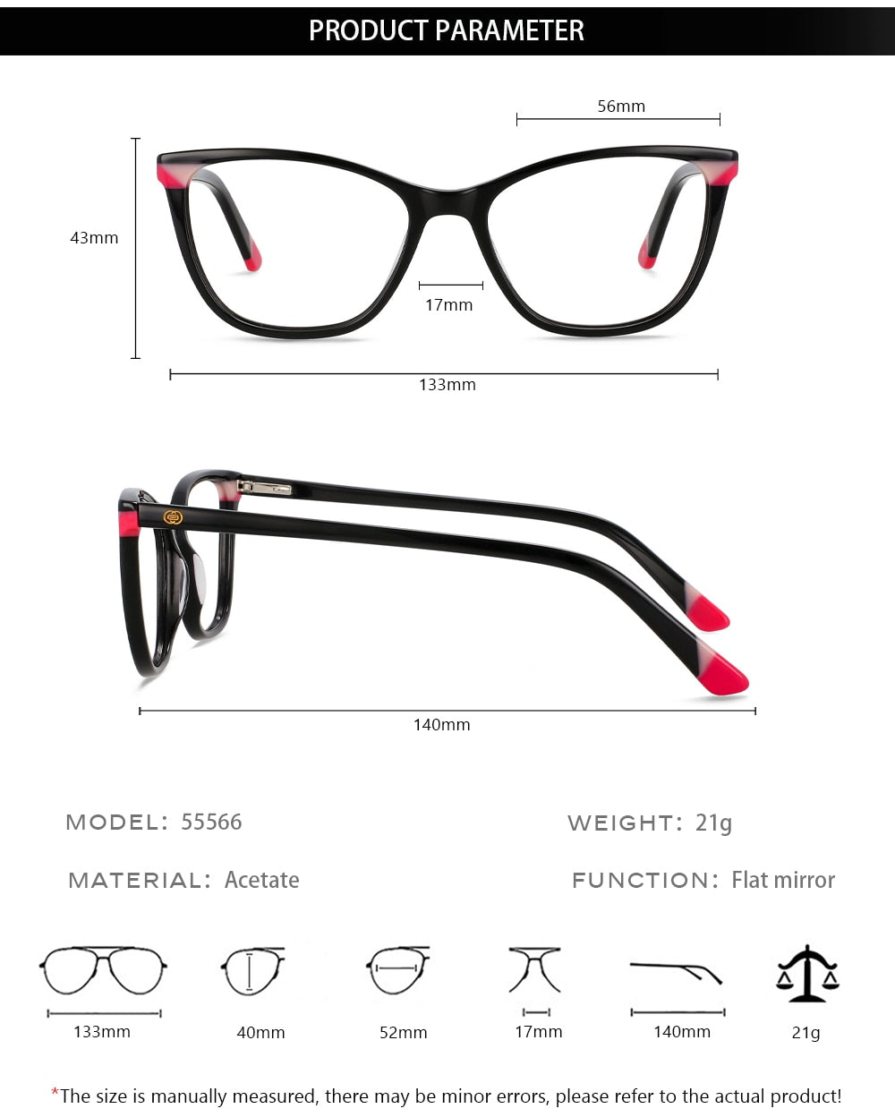 CCspace Unisex Full Rim Small Square Acetate Eyeglasses 55566 Full Rim CCspace
