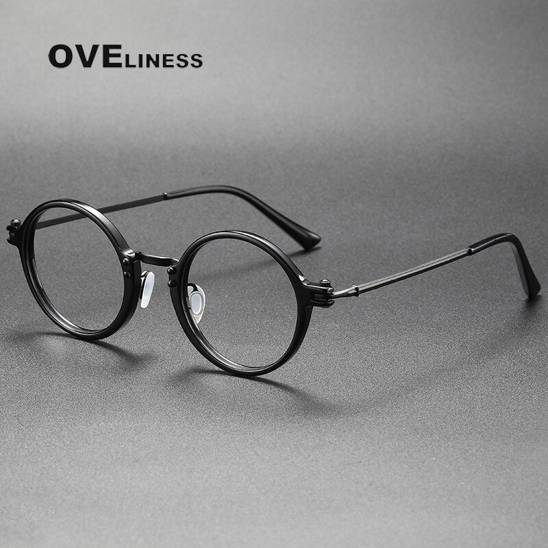 Oveliness Unisex Full Rim Round Acetate Titanium Eyeglasses 5866 Full Rim Oveliness black