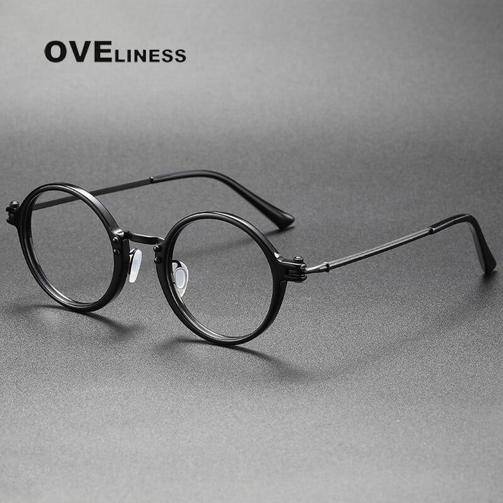Oveliness Unisex Full Rim Round Acetate Titanium Eyeglasses 5866 Full Rim Oveliness black