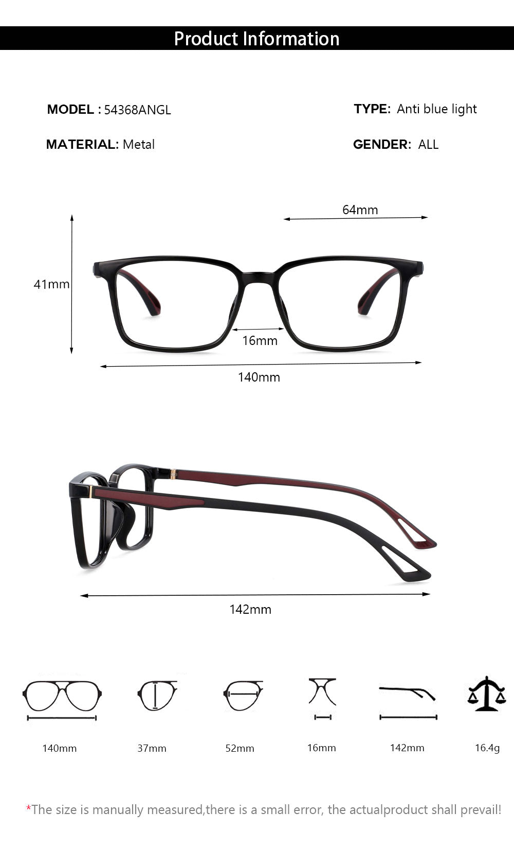 CCspace Unisex Full Rim Square Tr 90 Alloy Frame Eyeglasses 54368 Full Rim CCspace