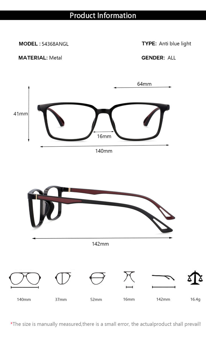 CCspace Unisex Full Rim Square Tr 90 Alloy Frame Eyeglasses 54368 Full Rim CCspace
