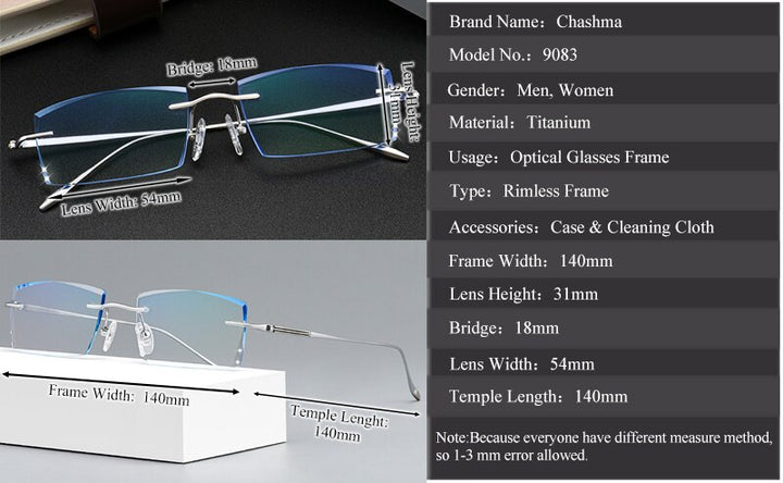 Chashma Ottica Men's Rimless Square Titanium Eyeglasses Tinted Lenses 9083 Rimless Chashma Ottica