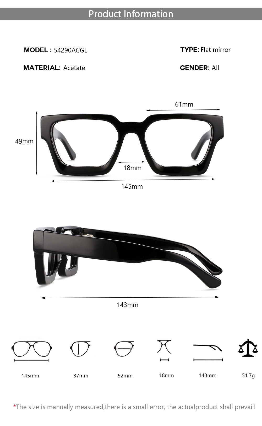 CCspace Unisex Full Rim Square Acetate Frame Eyeglasses 54290 Full Rim CCspace