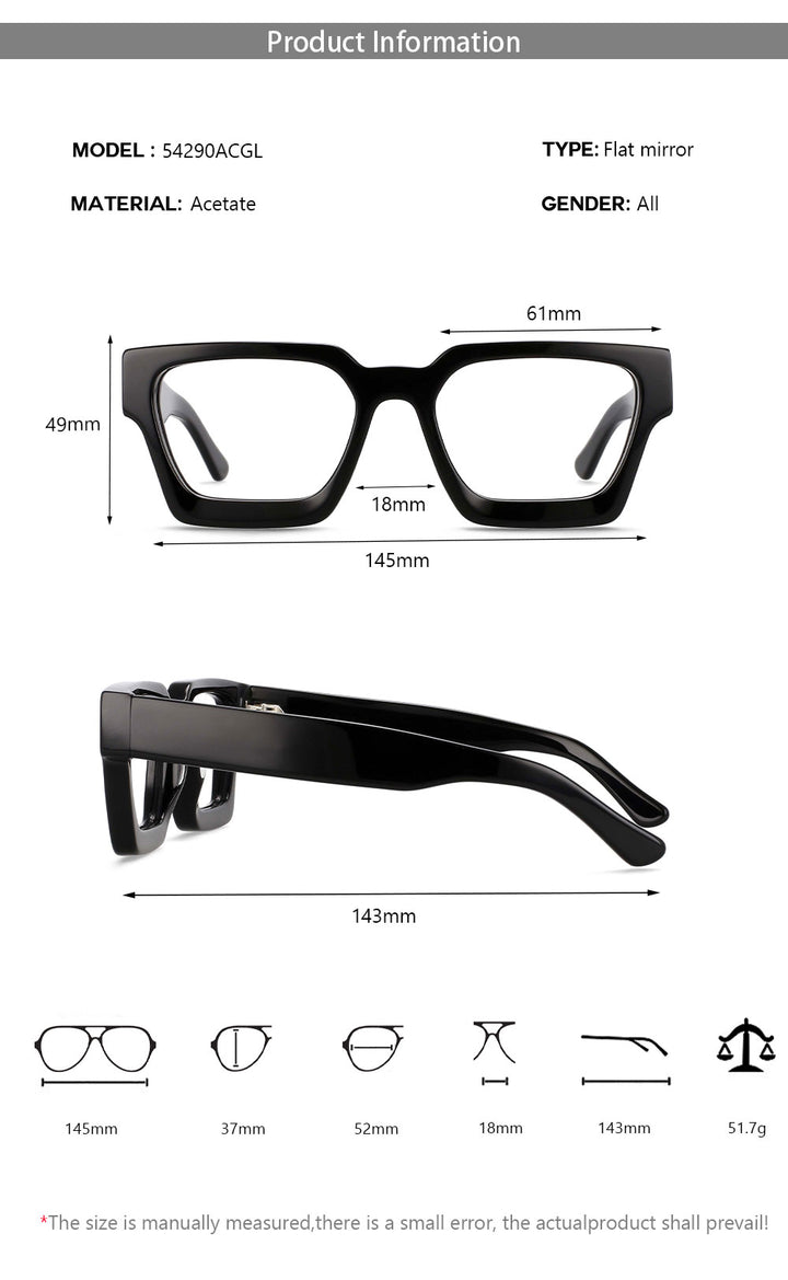 CCspace Unisex Full Rim Square Acetate Frame Eyeglasses 54290 Full Rim CCspace