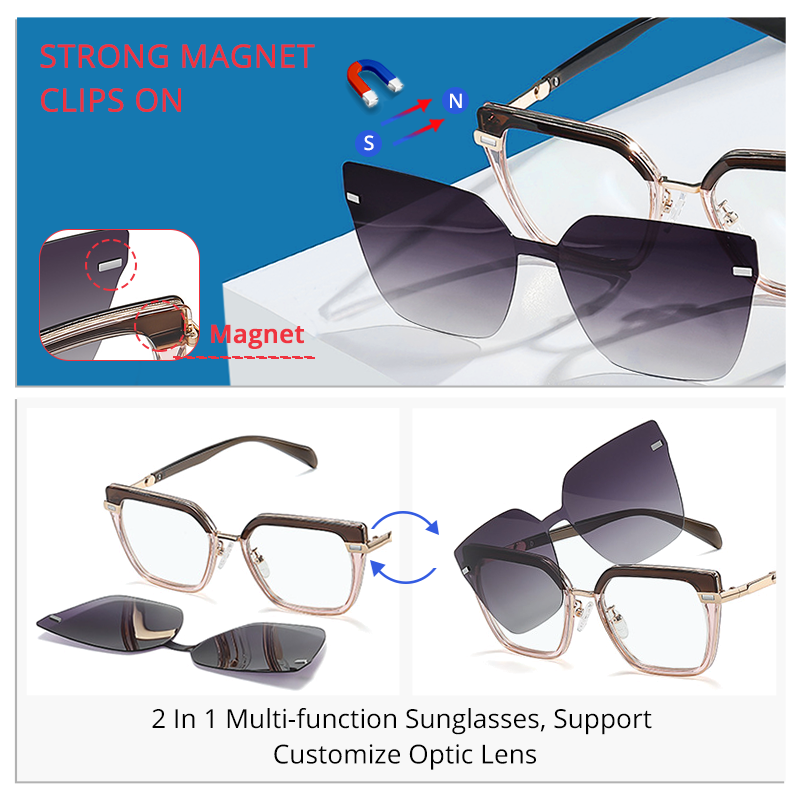Ralferty Women's Full Rim Square Cat Eye Alloy Acetate Eyeglasses With Clip On Polarized Sunglasses With Clip Ons Ralferty