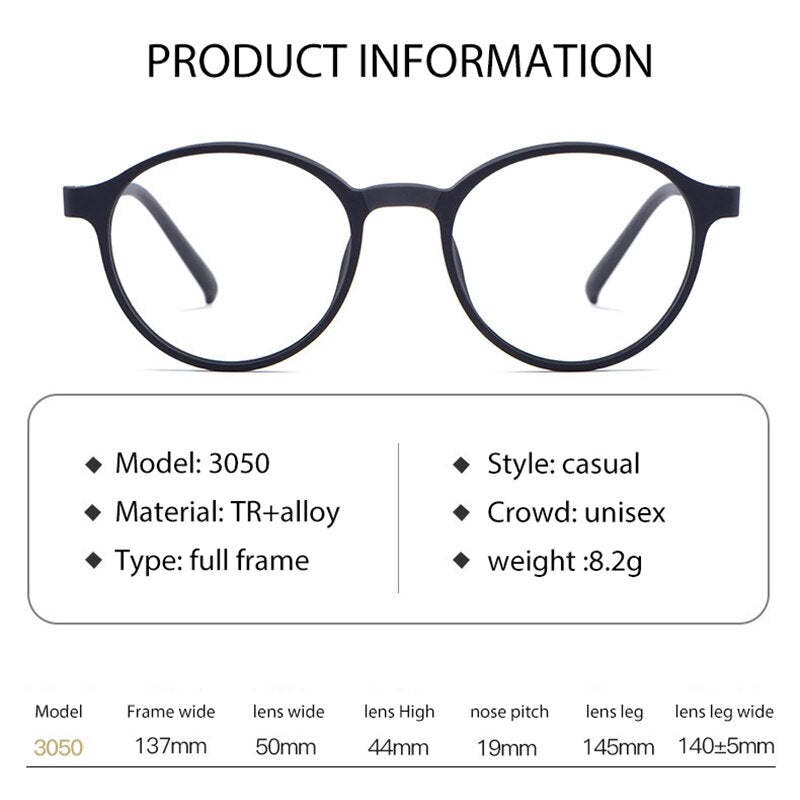 Hotony Unisex Full Rim Round Tr 90 Titanium Eyeglasses 3050 Full Rim Hotony