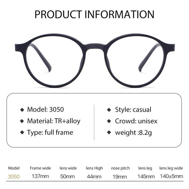 Hotony Unisex Full Rim Round Tr 90 Titanium Eyeglasses 3050 Full Rim Hotony   