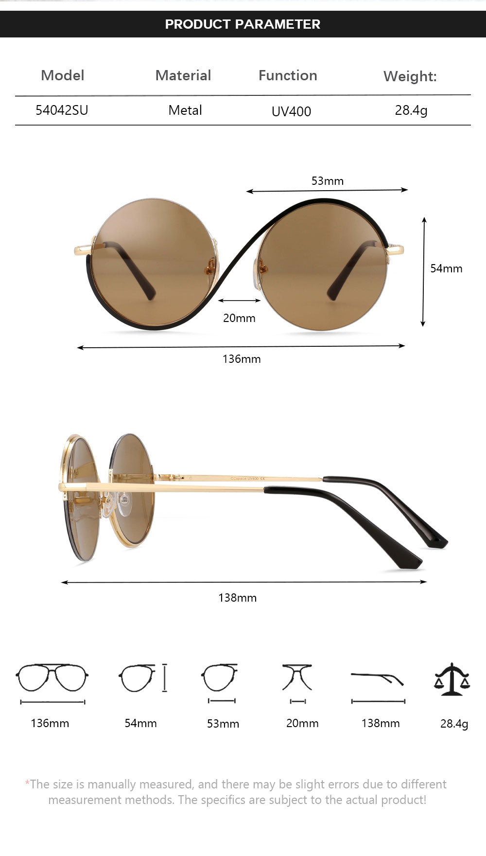 CCspace Unisex Semi Rim Round Alloy Frame Sunglasses 54042 Sunglasses CCspace Sunglasses