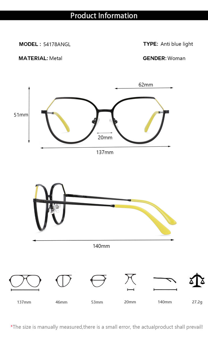 CCspace Unisex Full Rim Round Cat Eye Alloy Frame Eyeglasses 54178 Full Rim CCspace
