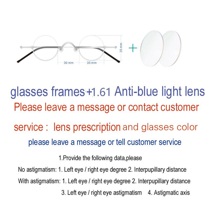 Yujo Unisex Semi Rim Round Stainless Steel Eyeglasses Customized Lens Options 35mm Semi Rim Yujo 1.61 China