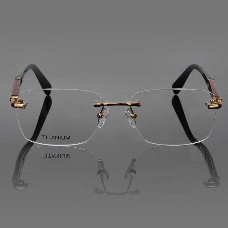 Hdcrafter Men's Rimless Square Rose Wood Temple Titanium Eyeglasses Ls01 Rimless Hdcrafter Eyeglasses