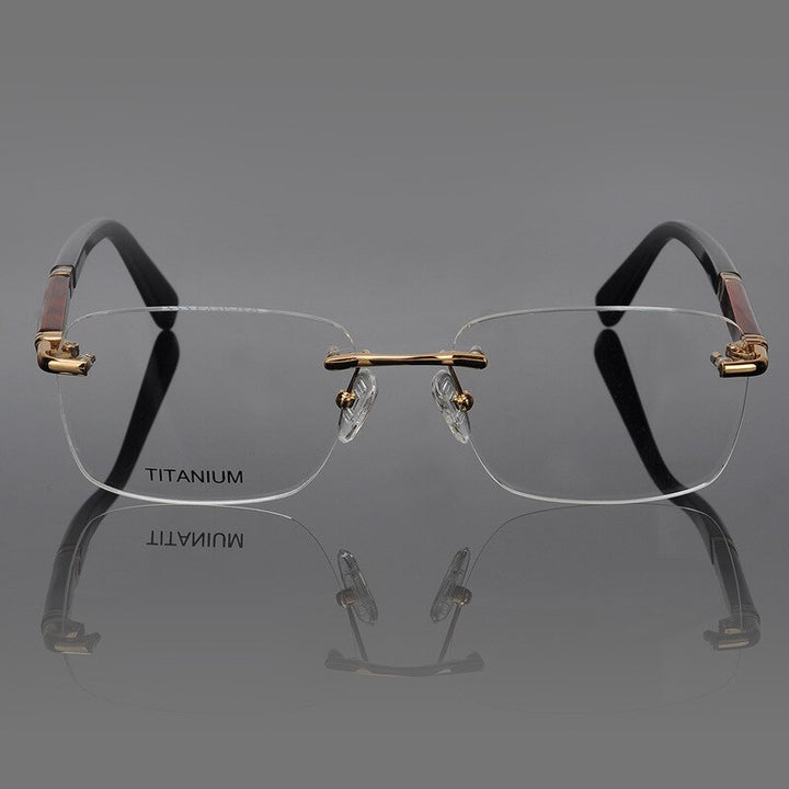 Hdcrafter Men's Rimless Square Rose Wood Temple Titanium Eyeglasses Ls01 Rimless Hdcrafter Eyeglasses   