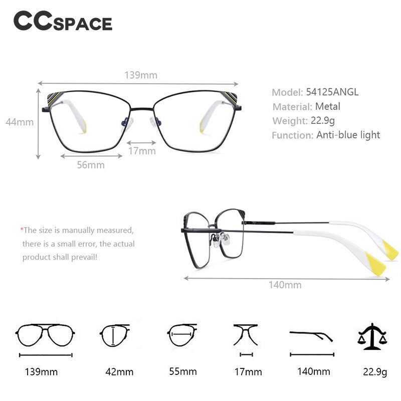 CCspace Women's Full Rim Square Cat Eye Alloy Frame Eyeglasses 54125 Full Rim CCspace