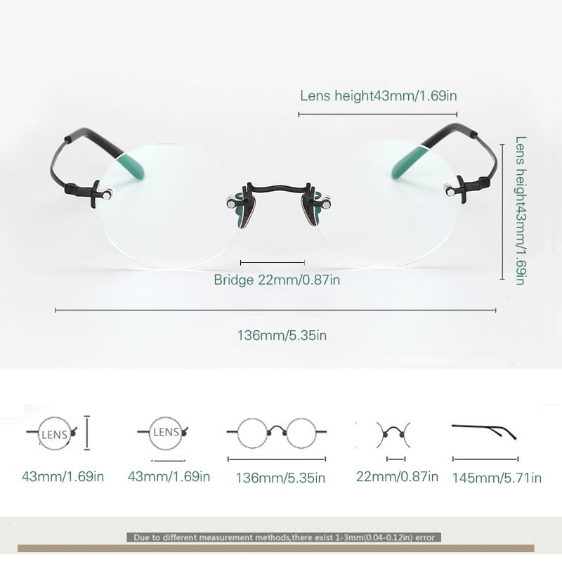 Yujo Unisex Rimless Round 43mm Titanium Hyperopic Reading Glasses Reading Glasses Yujo