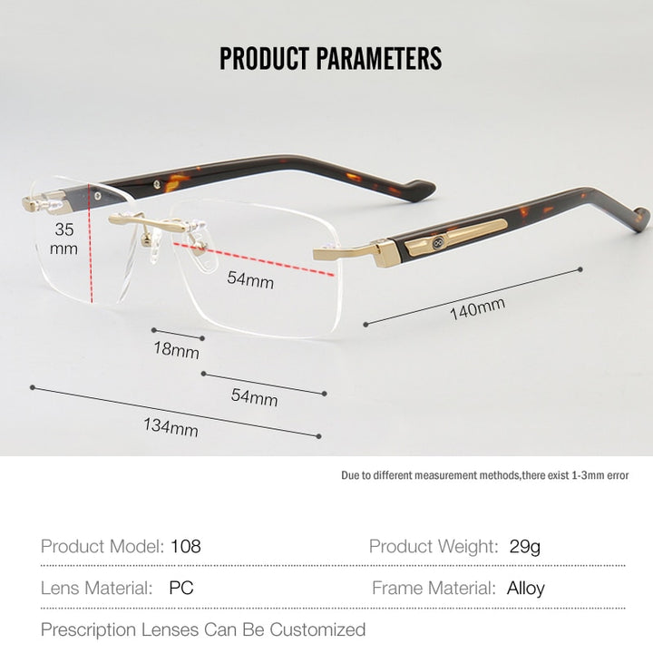 Muzz Men's Rimless Square Acetate Titanium Eyeglasses 108 Rimless Muzz