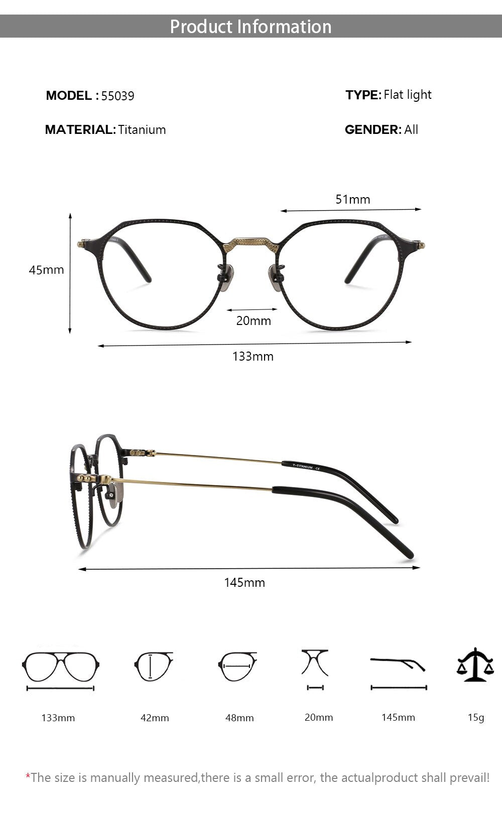 CCspace Unisex Full Rim Large Irregular Square Titanium Eyeglasses 55039 Full Rim CCspace
