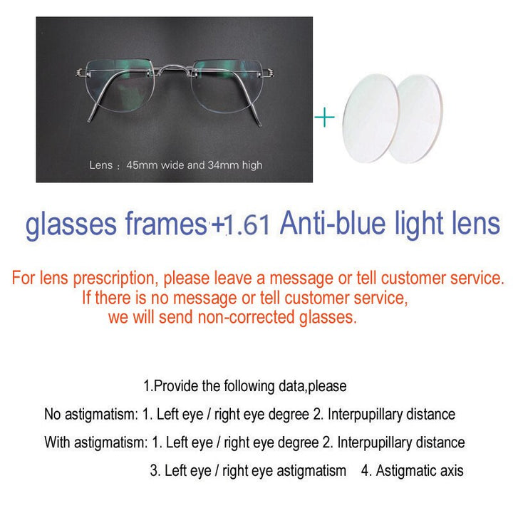 Yujo Unisex Semi Rim Half Circle Handcrafted Stainless Steel Eyeglasses Customized Lens Options Semi Rim Yujo Anti blue light China 