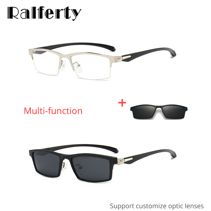 Ralftery Men's Semi Rim Rectangle Alloy Eyeglasses With Clip On Sunglasses Tr2347 With Clip Ons Ralferty