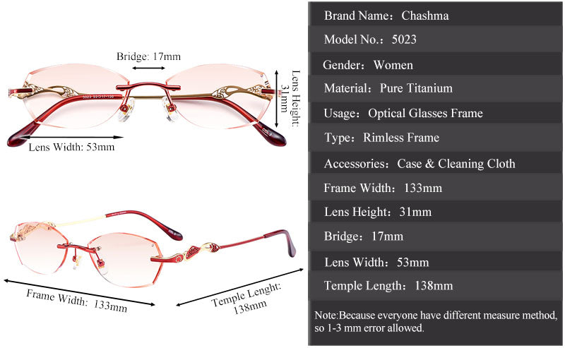 Chashma Women's Rimless Diamond Cut Titanium Oval Frame Eyeglasses 5023 Rimless Chashma