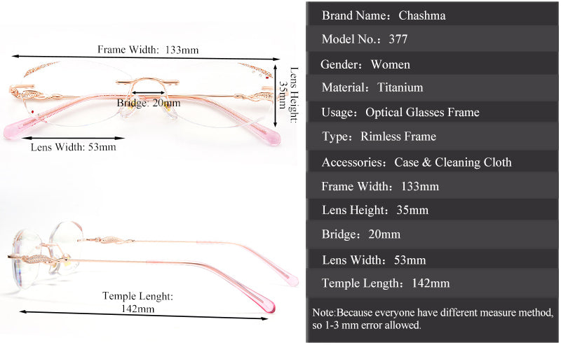 Chashma Women's Rimless Diamond Cut Titanium Frame Eyeglasses 377 Rimless Chashma   
