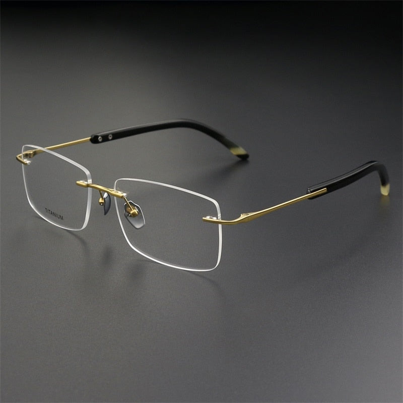 Hdcrafter Men's Rimless Square Titanium Horn Temple Eyeglasses Hs921 Rimless Hdcrafter Eyeglasses Gold