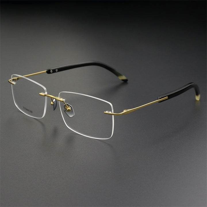 Hdcrafter Men's Rimless Square Titanium Horn Temple Eyeglasses Hs921 Rimless Hdcrafter Eyeglasses Gold
