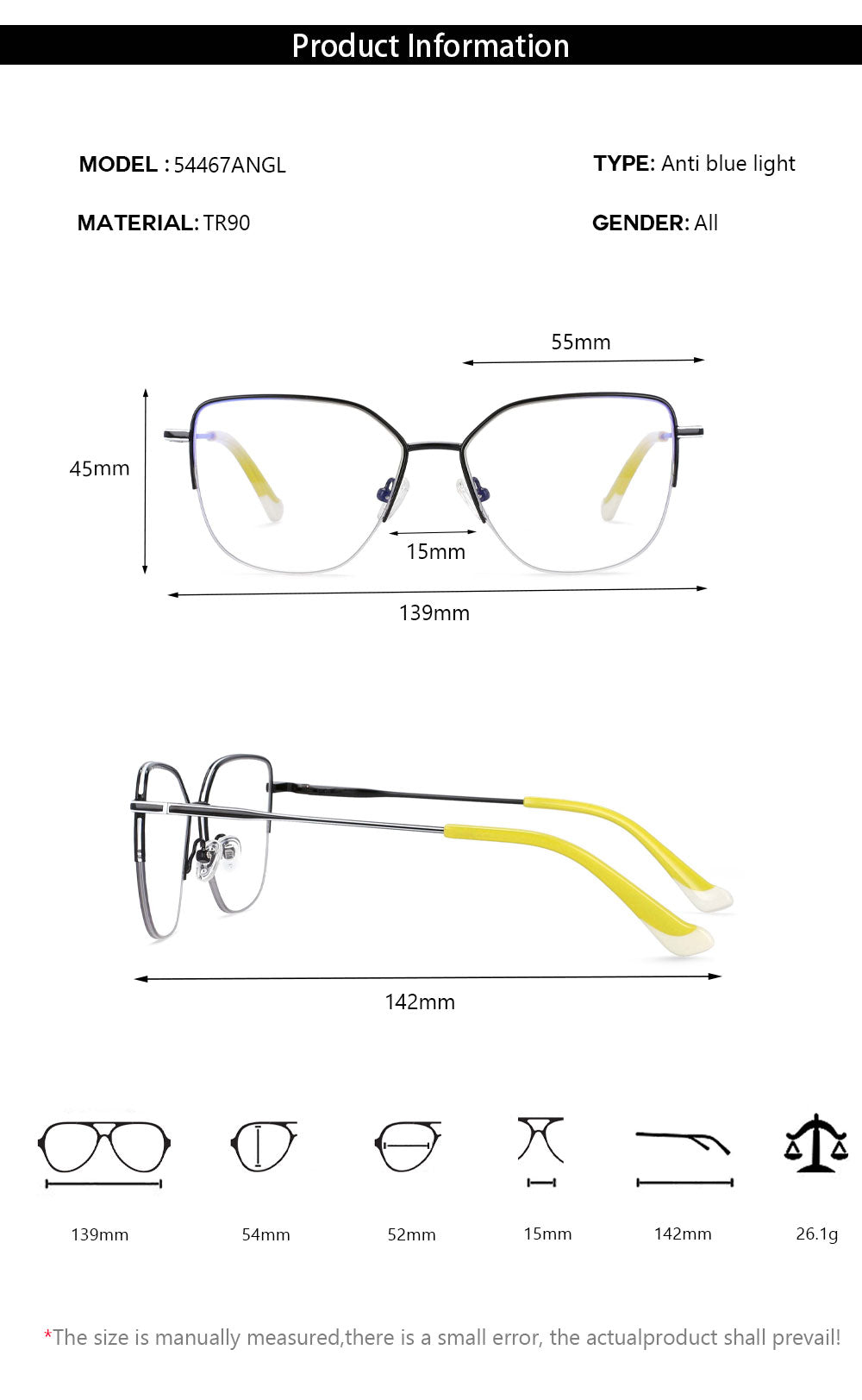 CCspace Unisex Semi Rim Square Alloy Frame Eyeglasses 54468 Semi Rim CCspace
