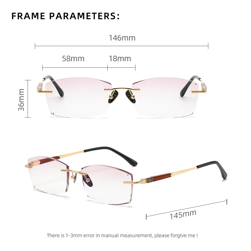 Zirosat Men's Rimless Rectangle Titanium Diamond Cut Wood Temple Eyeglasses  3016 Rimless Zirosat