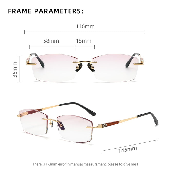 Zirosat Men's Rimless Rectangle Titanium Diamond Cut Wood Temple Eyeglasses  3016 Rimless Zirosat