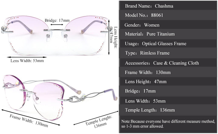 Chashma Women's Rimless Butterfly Titanium Rhinestone Eyeglasses 88061 Rimless Chashma
