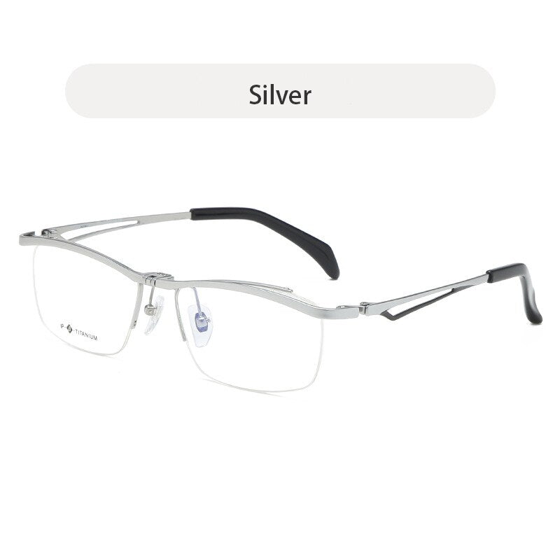 Hdcrafter Unisex Semi Rim Rectangle Titanium Flip Up Frame Eyeglasses T18044 Semi Rim Hdcrafter Eyeglasses Sliver