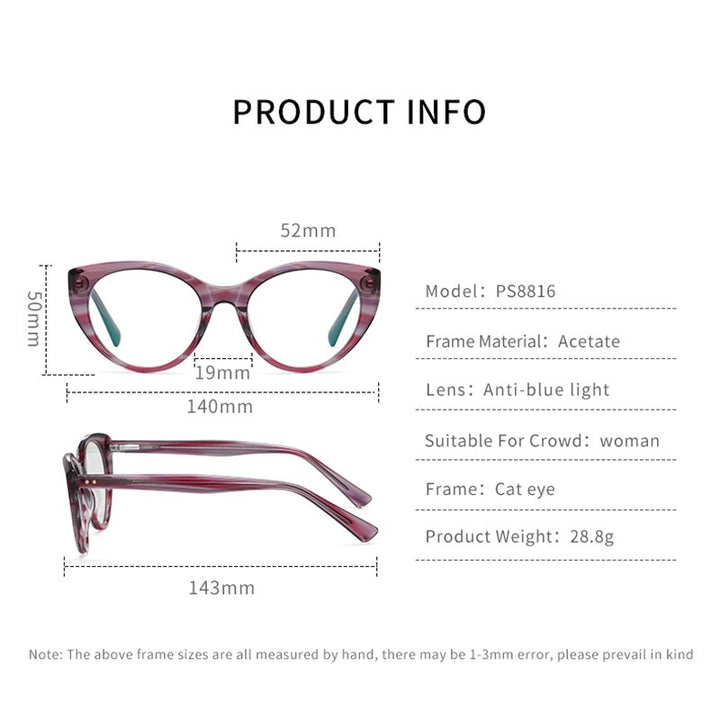 Zirosat Women's Full Rim Cat Eye Acetate Eyeglasses 8816 Full Rim Zirosat