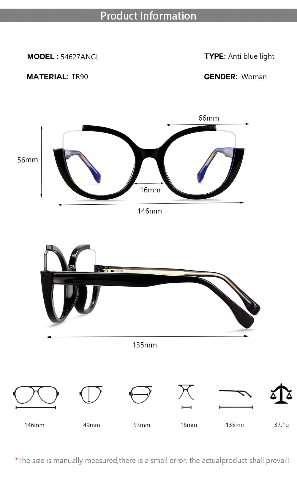 CCspace Women's Semi Rim Cat Eye Tr 90 Titanium Eyeglasses 54627 Semi Rim CCspace